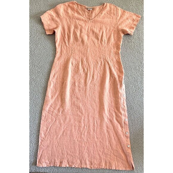 Vintage 90s Linen Maxi Dress Tank Lagenlook Boho Peach Pink Abalone - Picture 1 of 16